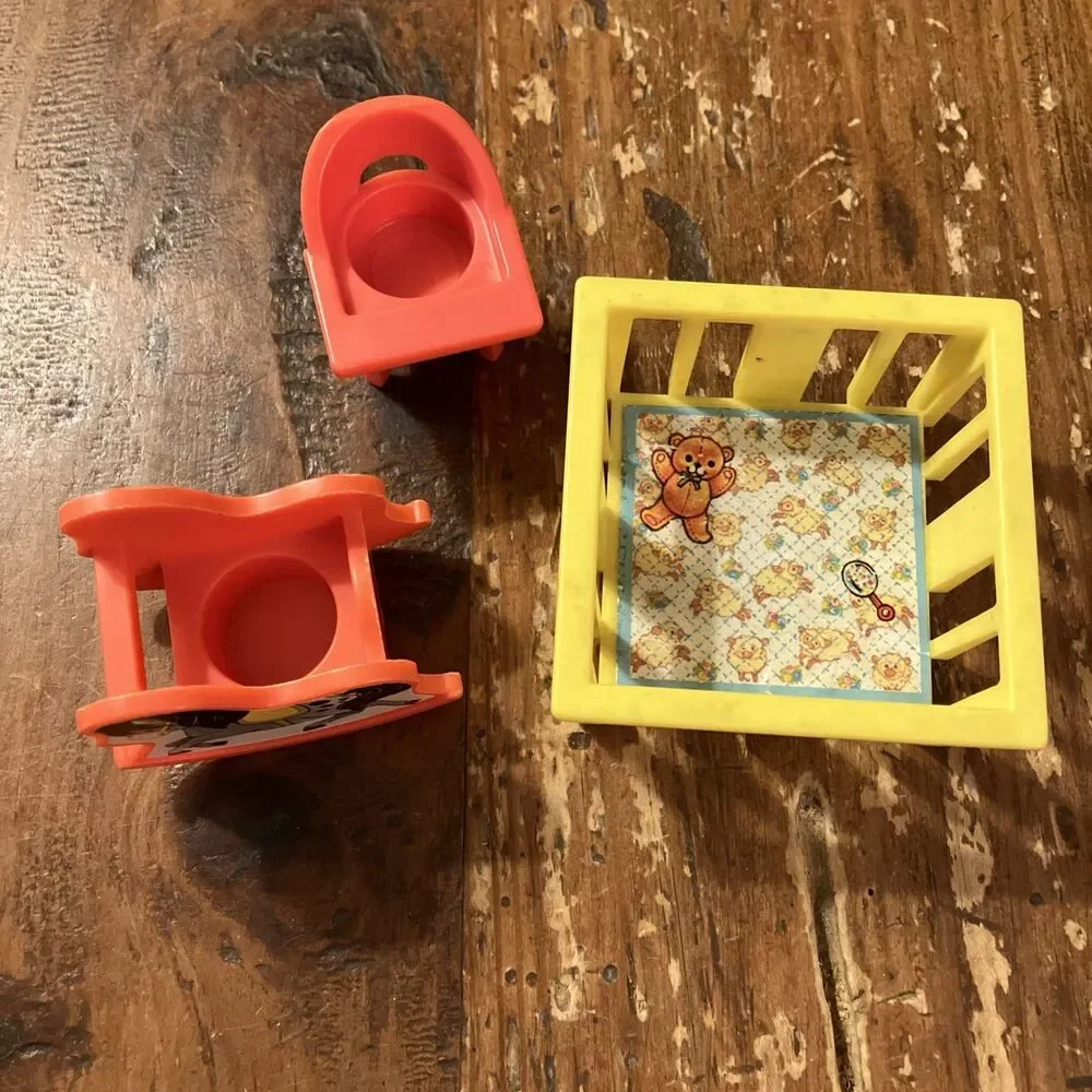 1972 Fisher Price Little People Family Baby Playpen Rocking Horse High Chair